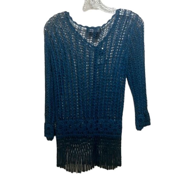 Carole Little cardigan Saks crochet ‘Exotic Splendor’ beading sheer teal Medium - Picture 1 of 4